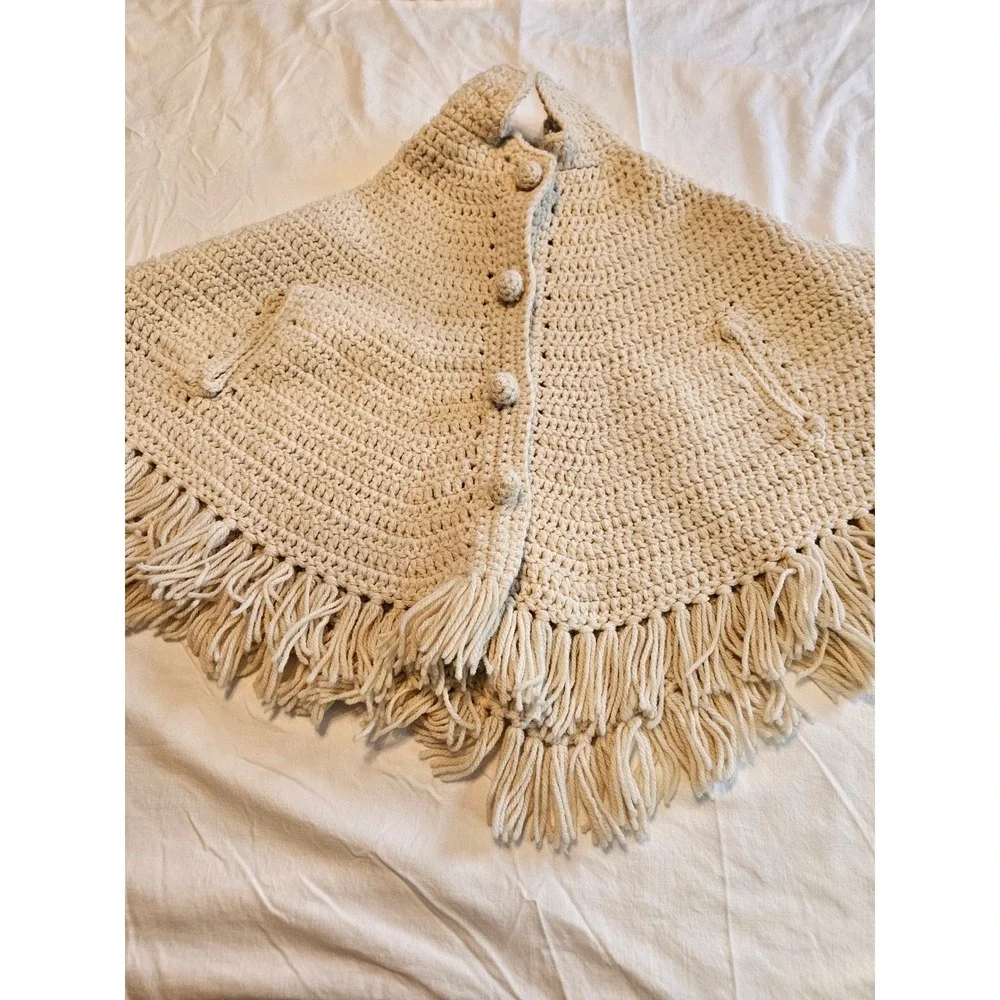 Kids Cream Crochet Cape‎ Poncho with Fringe Buttons